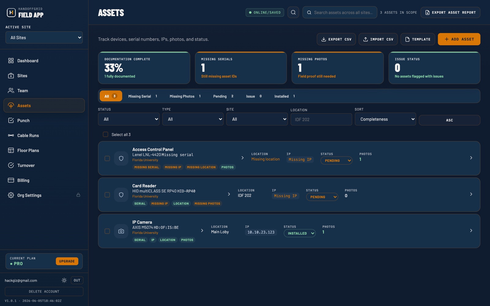 HandoffGrid asset register with installed physical security devices and supporting documentation.