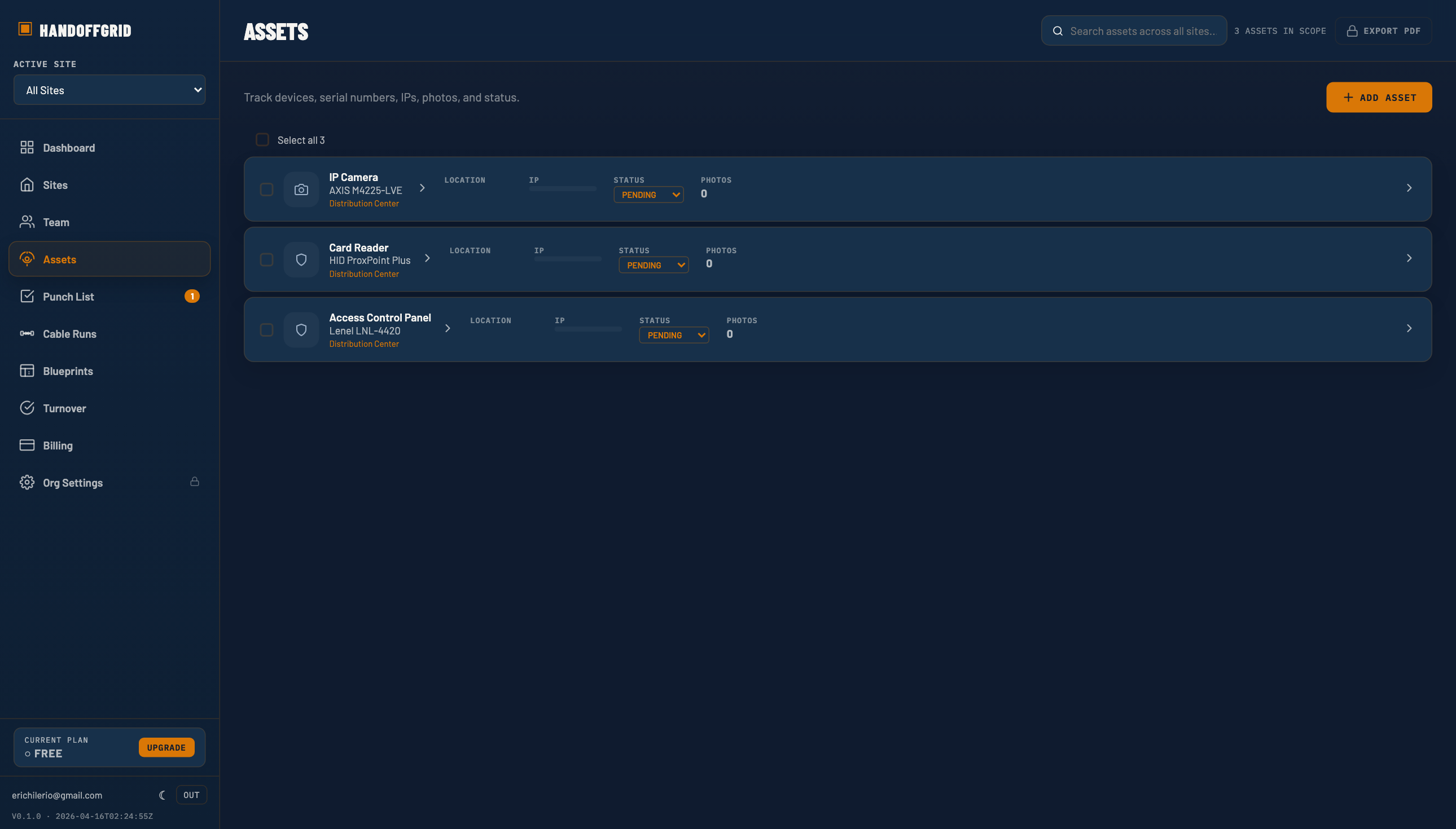 HandoffGrid asset register with installed physical security devices and supporting documentation.