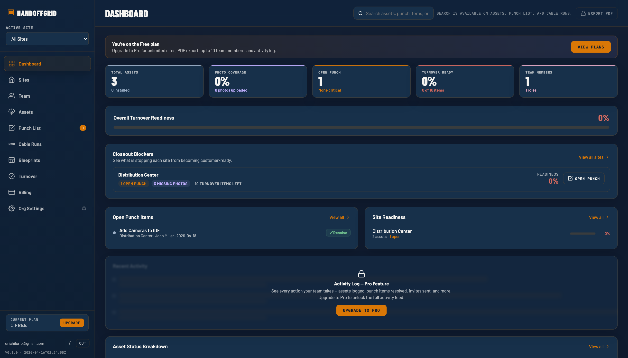 HandoffGrid dashboard showing physical security project closeout status and next actions.
