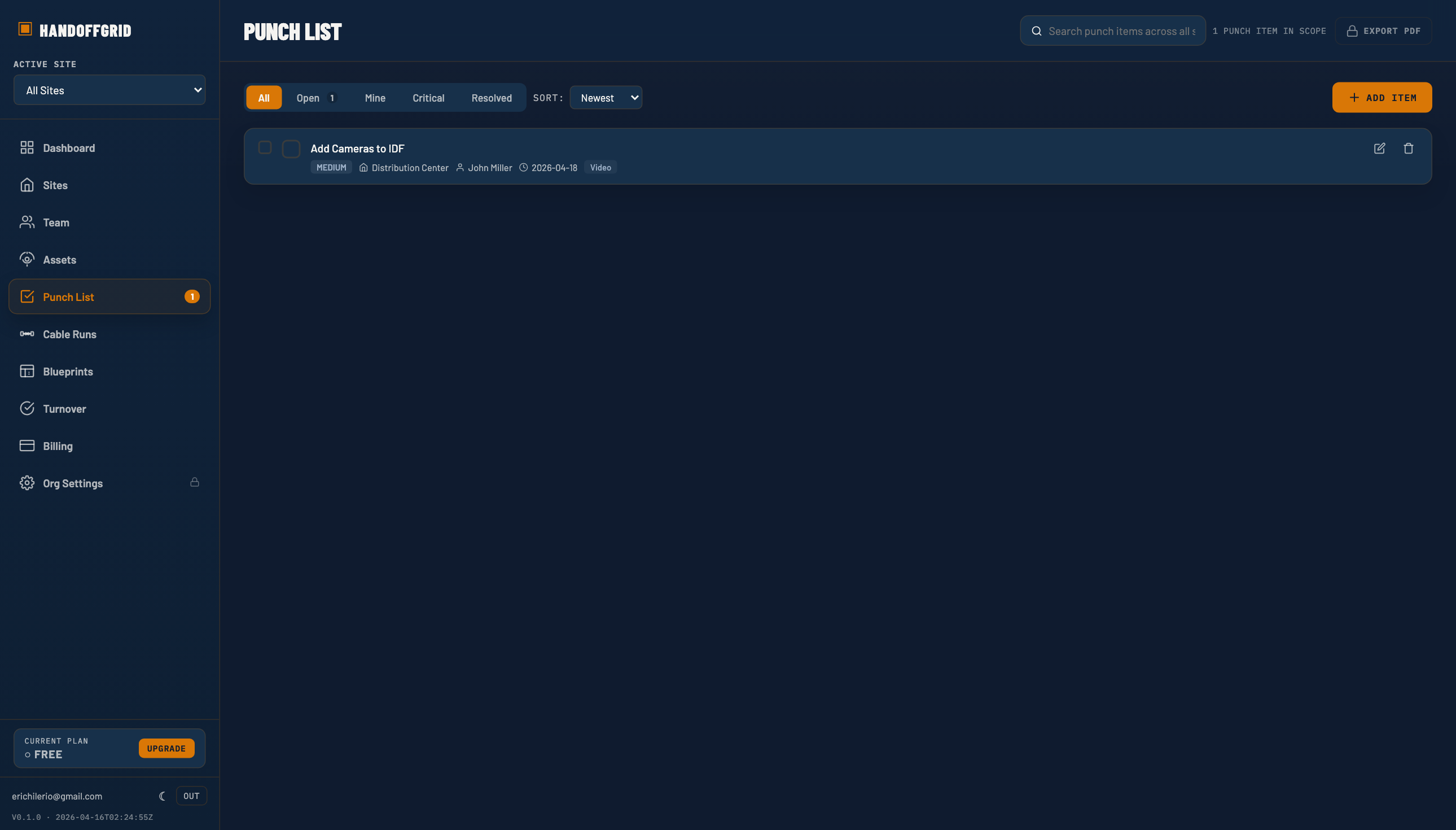 HandoffGrid punch list with owners, priorities, and issue status.